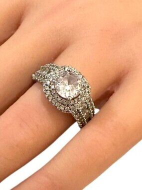 Halo Pave Ring Silver Tone Size 7.5 Wedding Cocktail Womens Jewelry Gift